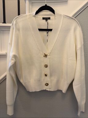 Female Adult Love Tree Cream V-Neck Button Front Cropped Sweater
